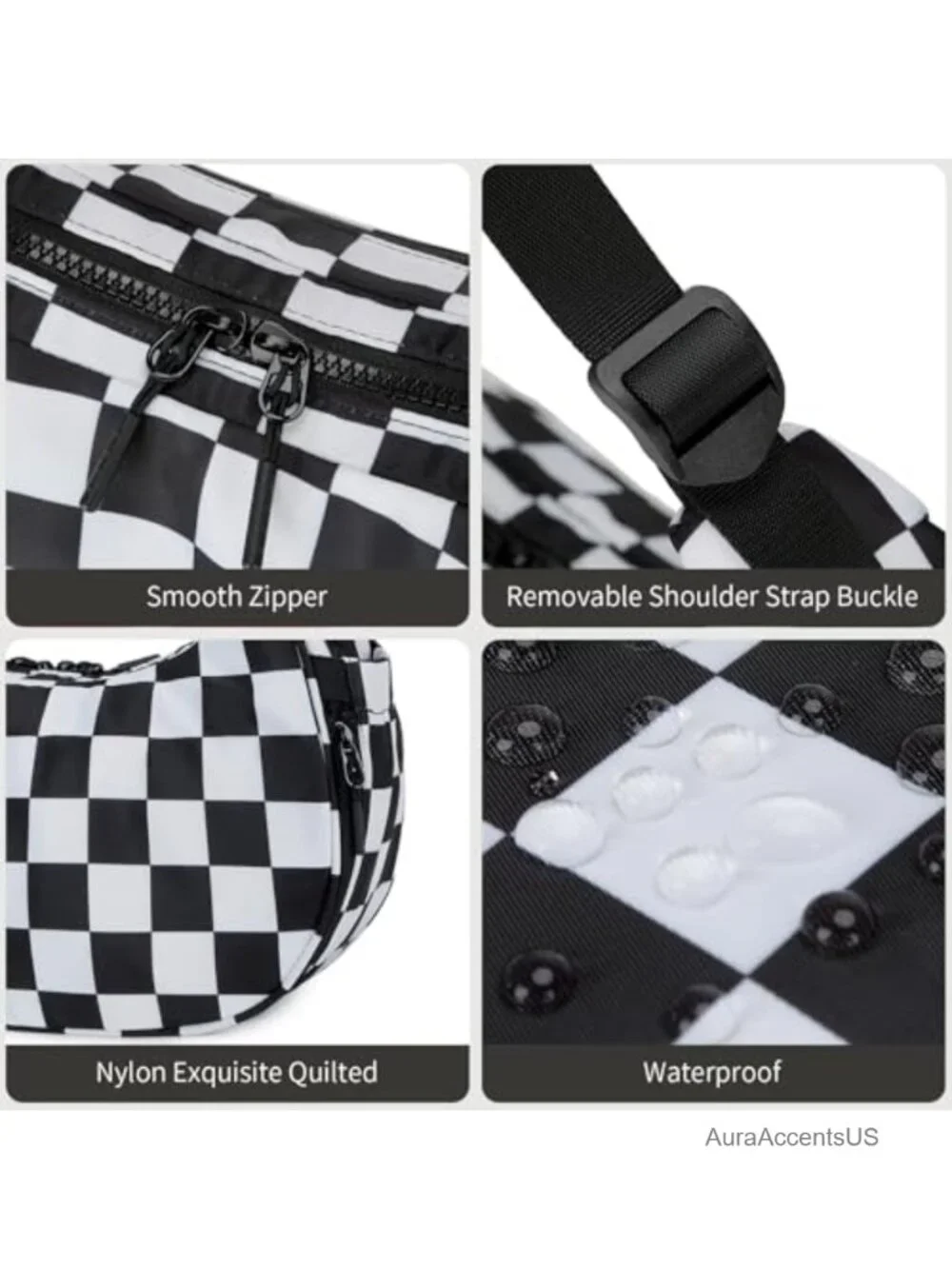 Checkered Crescent Shoulder Bag Nylon Quilted Hobo Purse with Anti-Theft Pocket